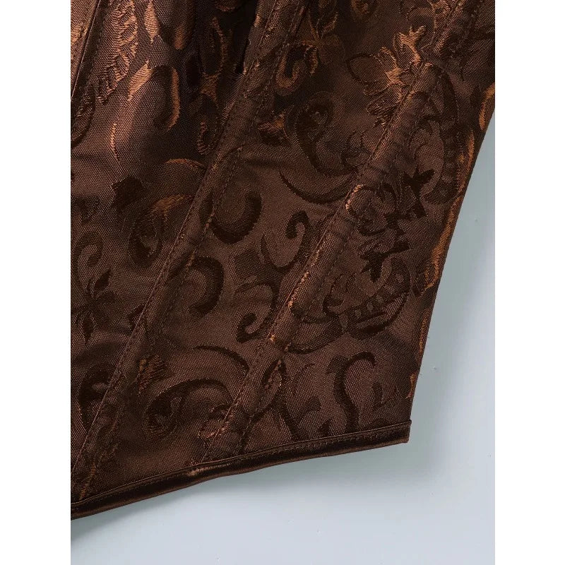 Regal Brown Floral Brocade Strapless Corset with Plunging Sweetheart Neckline