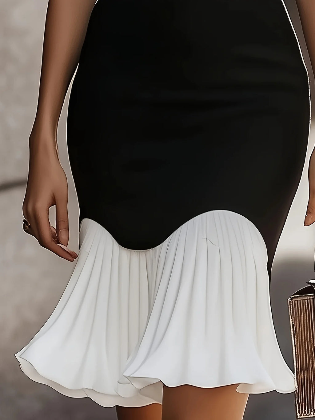 Two-Tone High-Neck Bodycon Midi Dress with Contrasting Pleated Flounce Hem