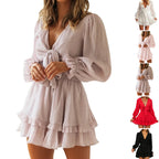 Long Sleeve Ruffle Hem Mini Dress with Tie Waist and Romantic Silhouette