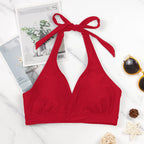 Classic Black Halter Bikini Top with Gathered Front Detailing and Tie-Neck Straps