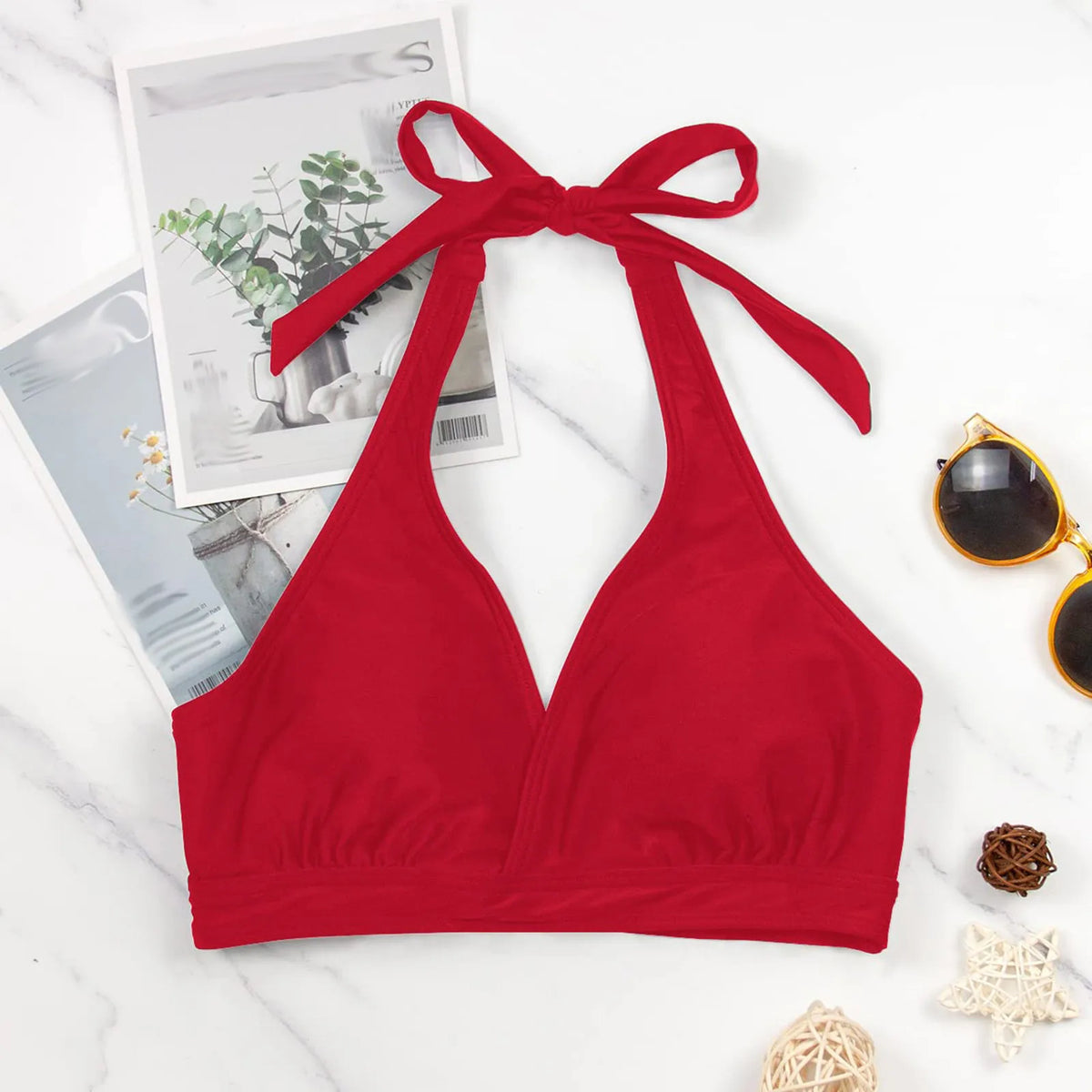 Classic Black Halter Bikini Top with Gathered Front Detailing and Tie-Neck Straps