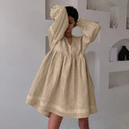 Relaxed Oversized V-Neck Smock Dress with Voluminous Sleeves and Lace Trim