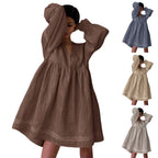 Relaxed Oversized V-Neck Smock Dress with Voluminous Sleeves and Lace Trim