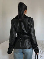 Belted Faux Leather Trim Wrap Jacket with Contemporary Streetwear Styling
