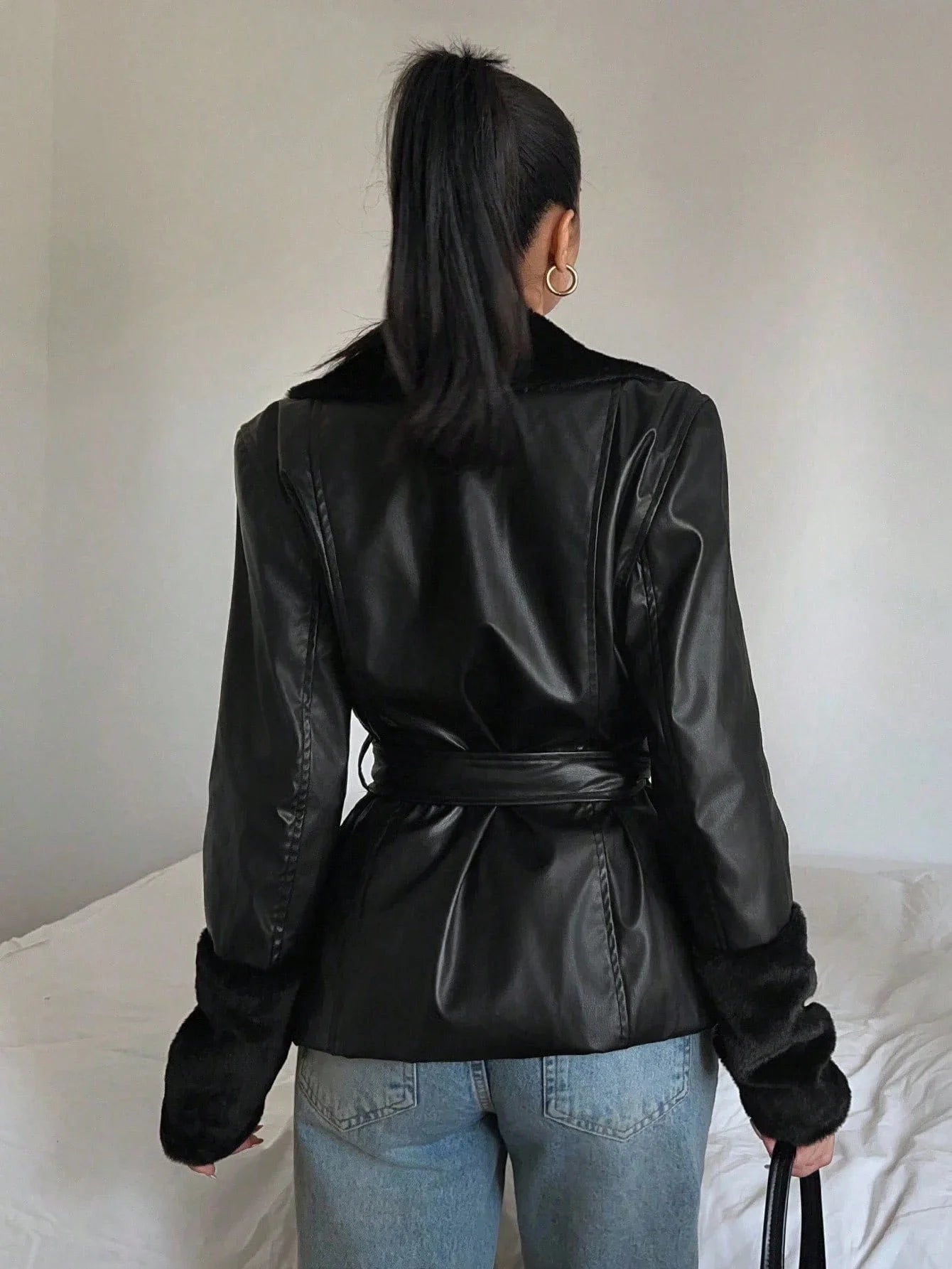 Belted Faux Leather Trim Wrap Jacket with Contemporary Streetwear Styling