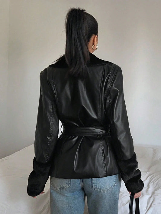 Belted Faux Leather Trim Wrap Jacket with Contemporary Streetwear Styling