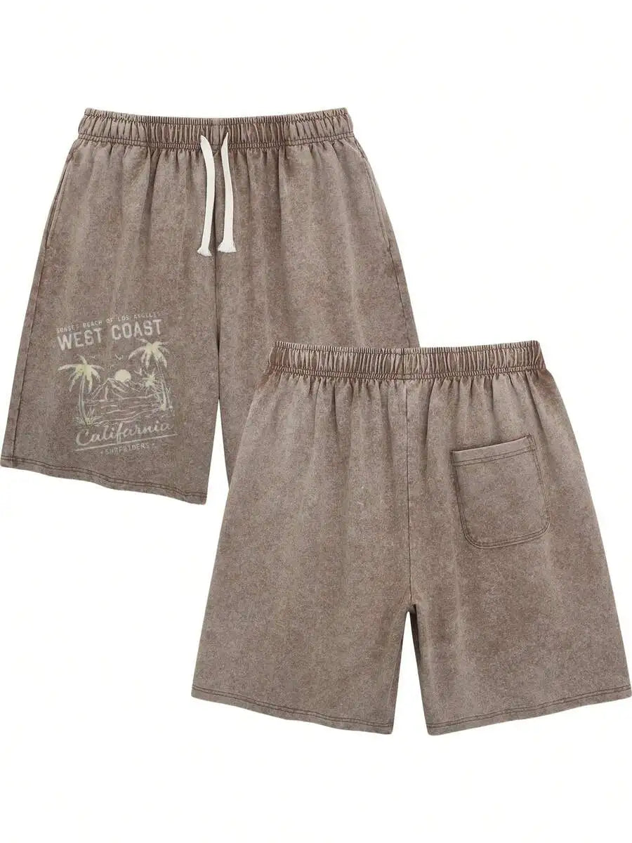 Men's Washed Cotton Shorts with Graphic Artwork and Relaxed Drawstring Everyday Casual Fit