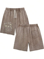 Men's Washed Cotton Shorts with Graphic Artwork and Relaxed Drawstring Everyday Casual Fit