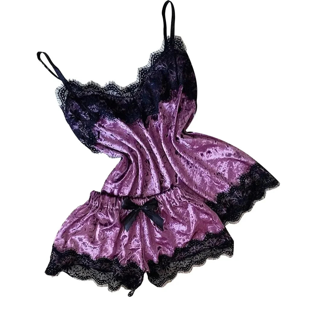 Women's Velvet Cami Pajama Set with Bow and Lace Trim, Sleeveless V-Neck Top and Matching Shorts, Elegant Summer Nightwear