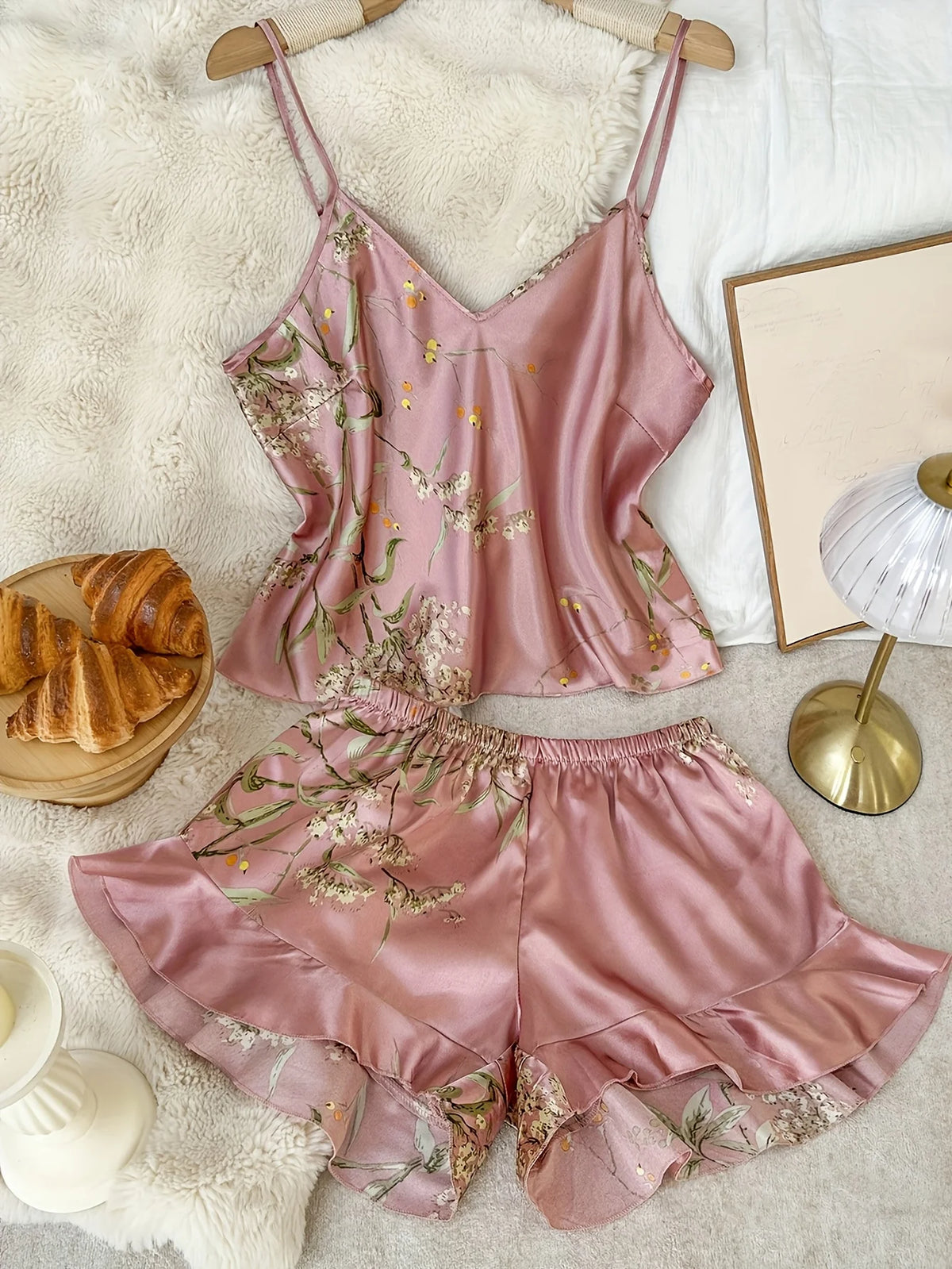 Women's Cherry-Inspired Print Cami Pajama Set with Ruffle Trim, V-Neck Spaghetti-Strap Top and Matching Shorts, Cute Loungewear