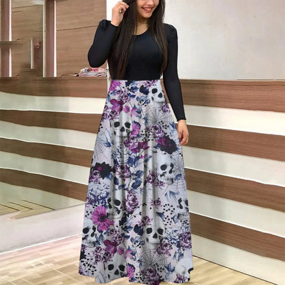 Dark Romantic Skull and Floral Gothic Maxi Dress with Elegant Fit