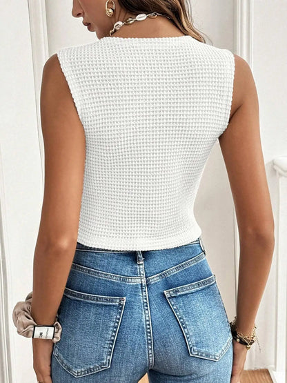 Women's Sleeveless Square Neck Textured Button Front Tank Top for Casual Everyday Layering Style