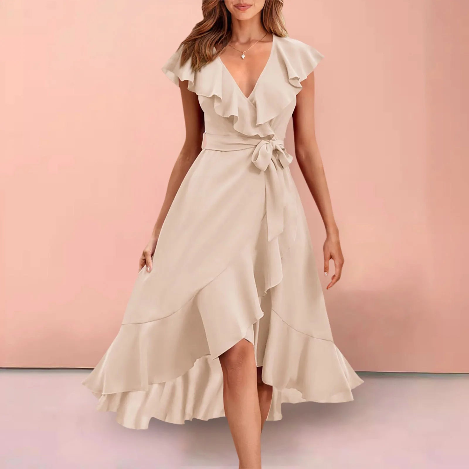 Ruffle Detail Wrap Midi Dress with Layered Contemporary Silhouette