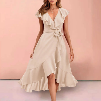 Ruffle Detail Wrap Midi Dress with Layered Contemporary Silhouette