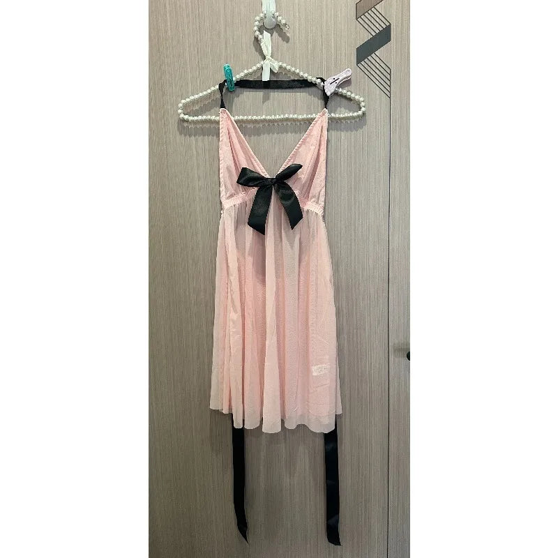 Pastel Pink Pleated Mesh Babydoll Nightdress with Contrasting Black Ribbon Ties