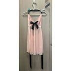 Pastel Pink Pleated Mesh Babydoll Nightdress with Contrasting Black Ribbon Ties