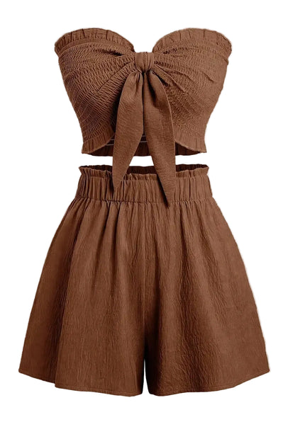 Front Knot Strapless Top and Shorts Summer Casual Co-Ord Set