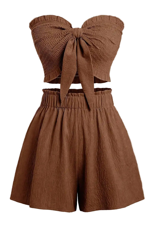 Front Knot Strapless Top and Shorts Summer Casual Co-Ord Set