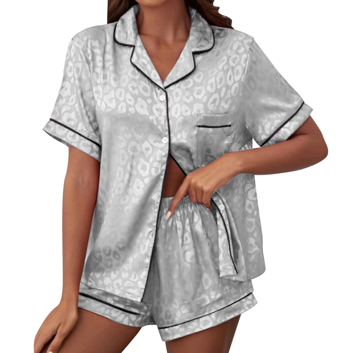 Sophisticated Subtle Leopard Print Button-Down Pajama Set with Contrast Piping