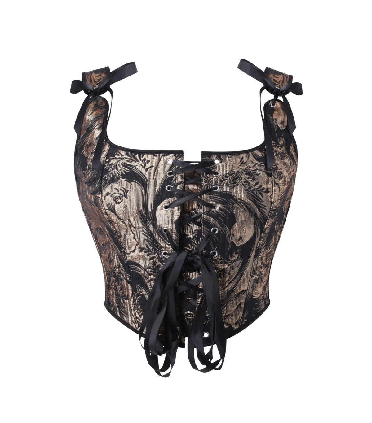 Black and Gold Botanical Jacquard Bustier Top with Ribbon Tie Details