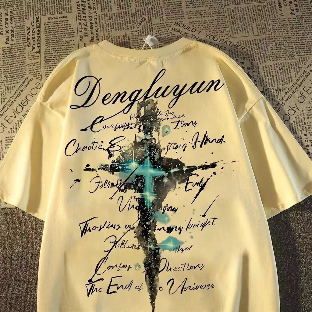 Oversized Cross Graphic Cotton T-Shirt with Vintage Script Streetwear Design