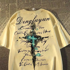 Oversized Cross Graphic Cotton T-Shirt with Vintage Script Streetwear Design
