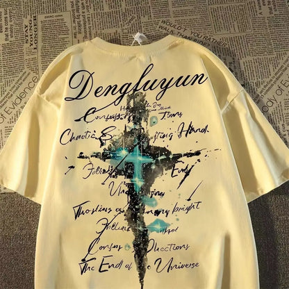 Oversized Cross Graphic Cotton T-Shirt with Vintage Script Streetwear Design