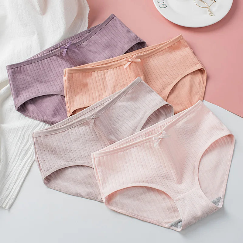 Seven-Piece Ribbed Cotton Blend Mid-Rise Brief Set with Bow Detail