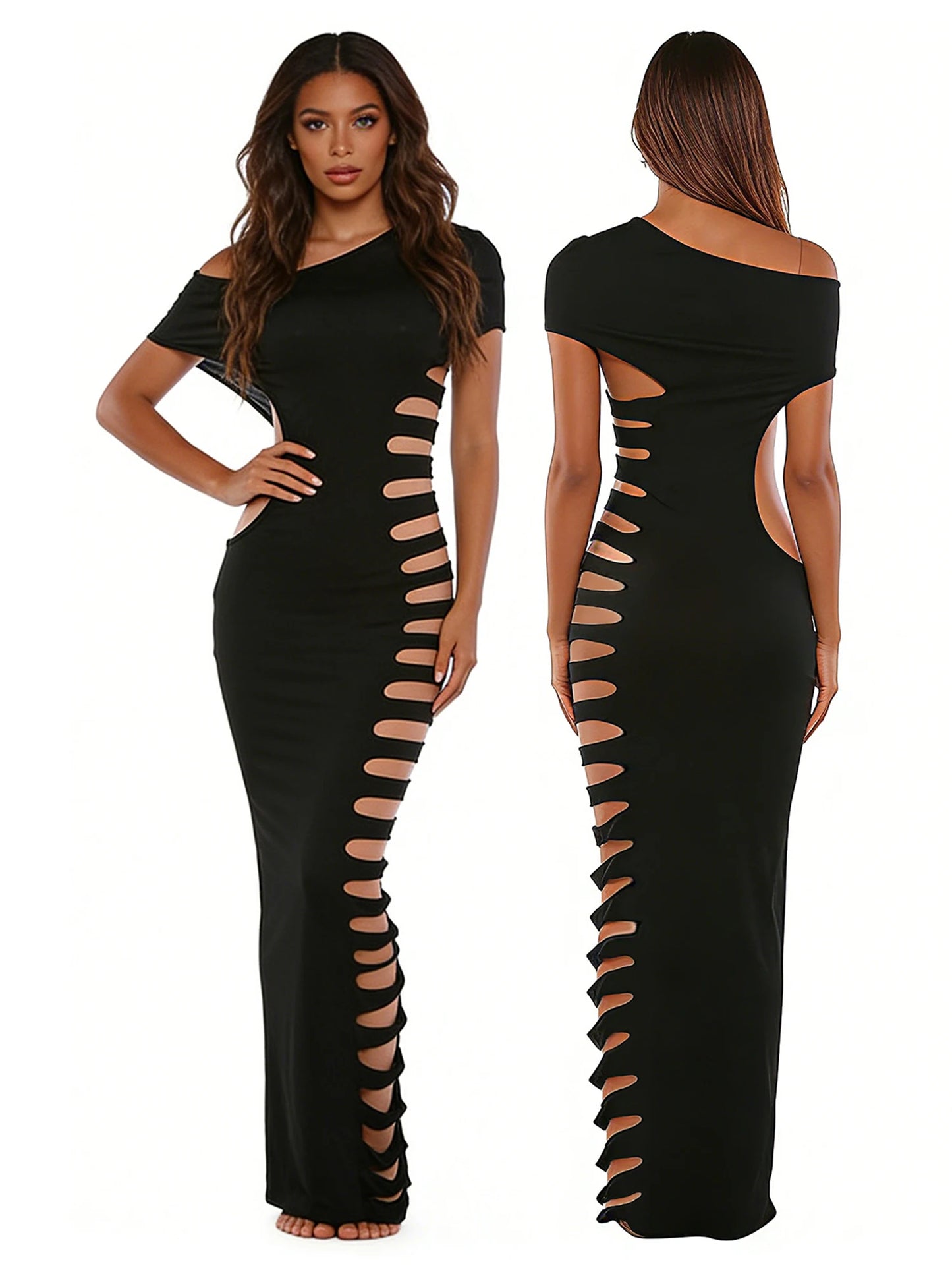 One Shoulder Side Cutout Bodycon Midi Dress with Sculpted Silhouette
