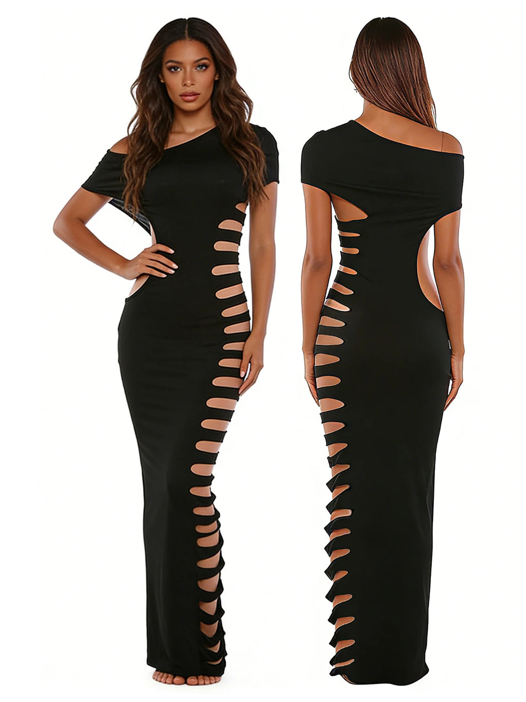 One Shoulder Bodycon Maxi Dress with Side Cutout and Slim Fit