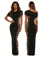 One Shoulder Bodycon Maxi Dress with Side Cutout and Slim Fit
