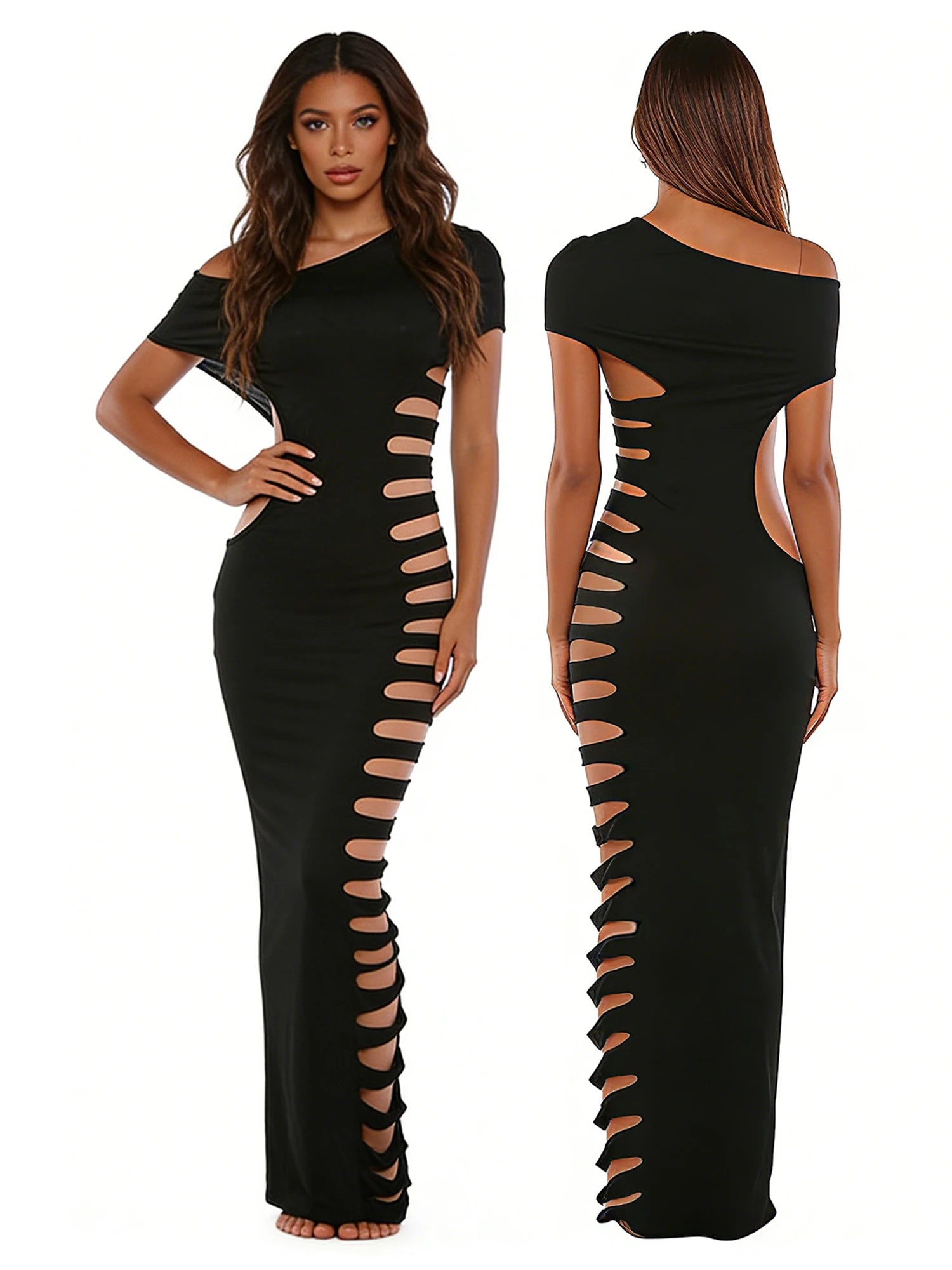 One Shoulder Bodycon Maxi Dress with Side Cutout and Slim Fit