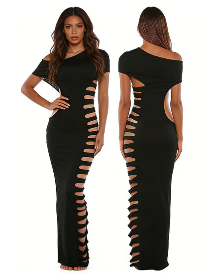 One Shoulder Bodycon Maxi Dress with Side Cutout and Slim Fit