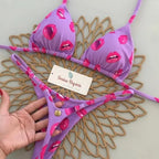 Playful Heart Print Triangle Bikini Set with Braided Pink Strap Detailing