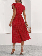 V-Neck Button Front Midi Dress with Side Slit and Puff Sleeves