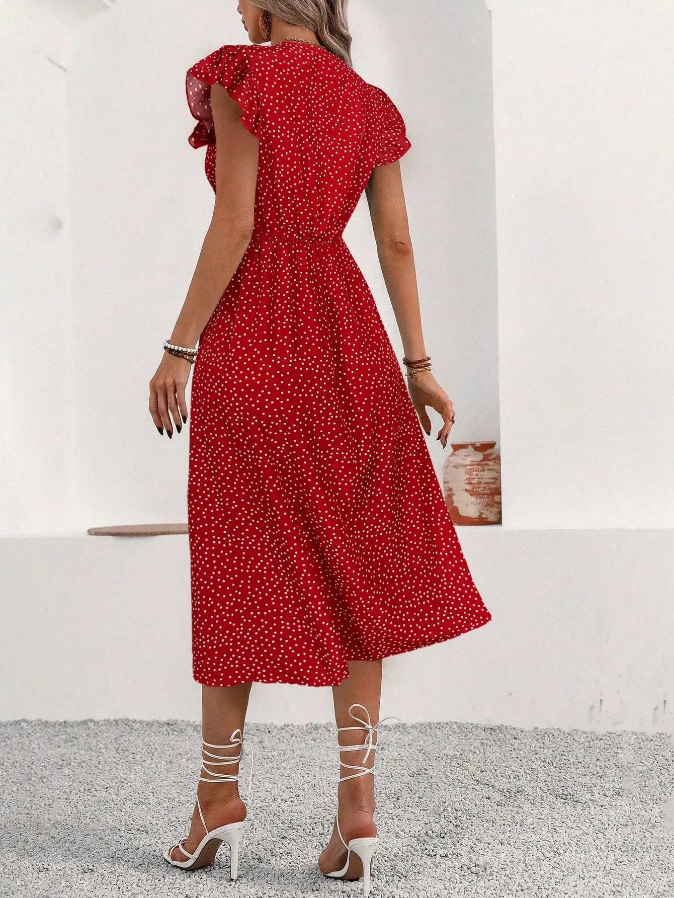 V-Neck Button Front Midi Dress with Side Slit and Puff Sleeves