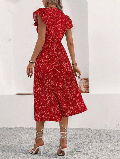 V-Neck Button Front Midi Dress with Side Slit and Puff Sleeves