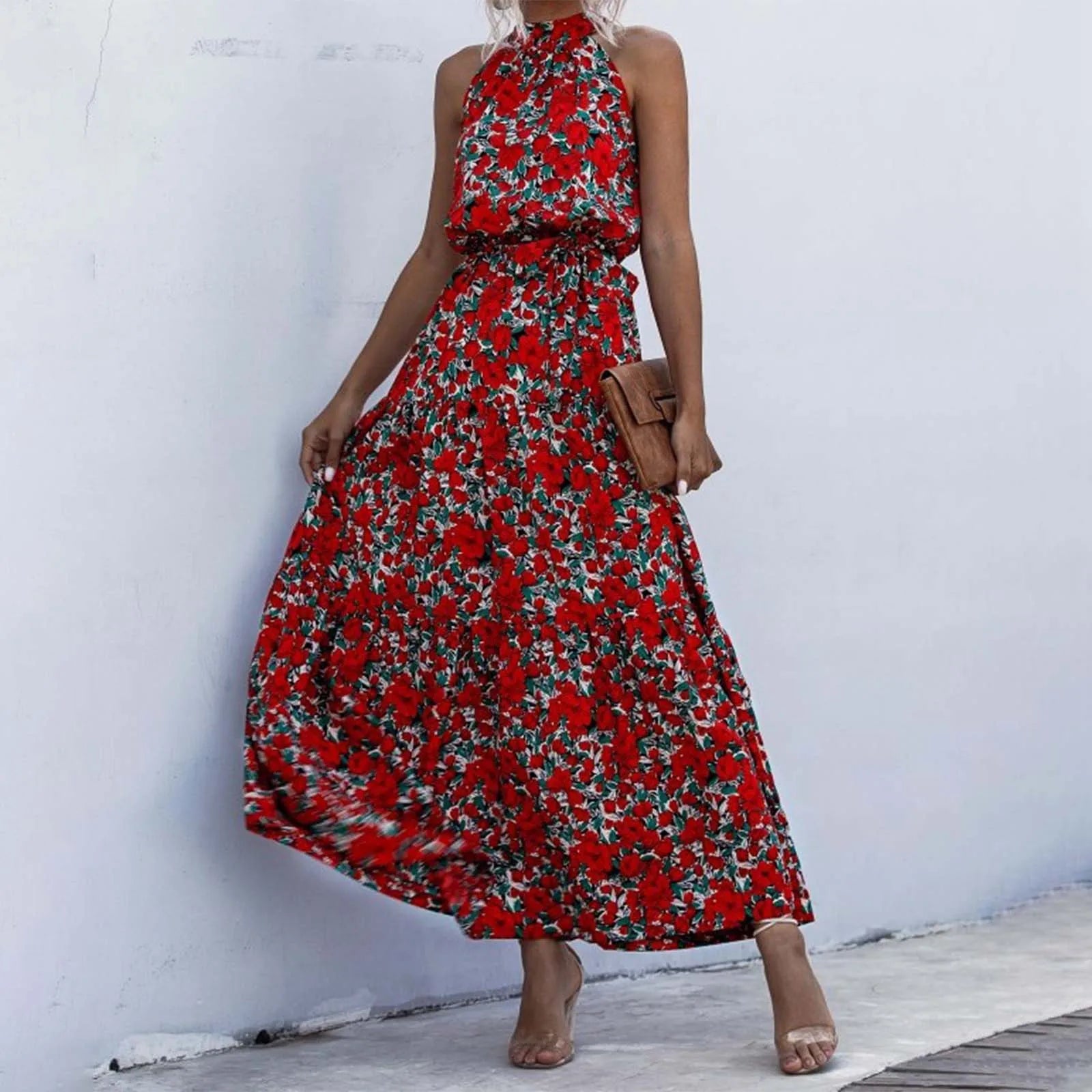 Halter Neck Polka Dot Maxi Dress with Sleeveless A-Line Silhouette