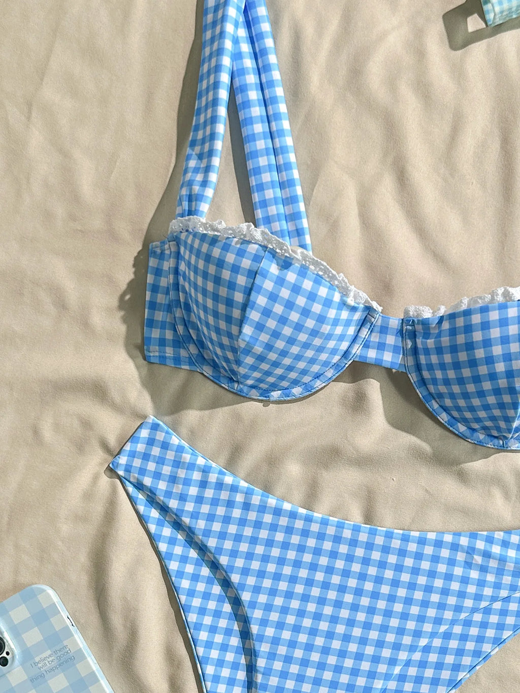 Blue Gingham Balconette Bikini Set with Wide Shoulder Straps