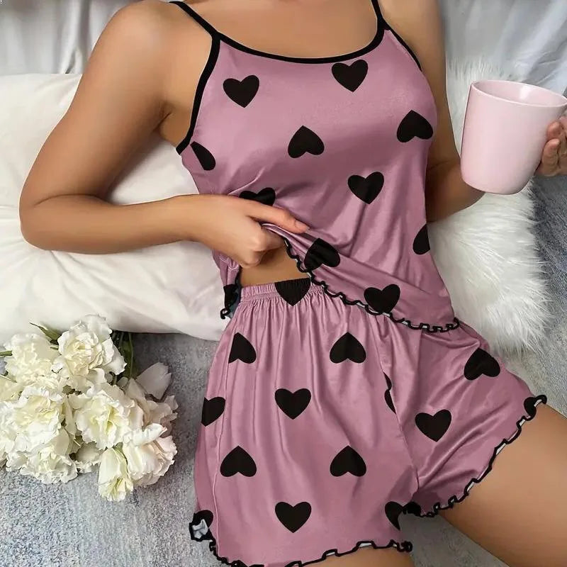Heart Print Camisole Top and Shorts Sleepwear Co-Ord Set for Women