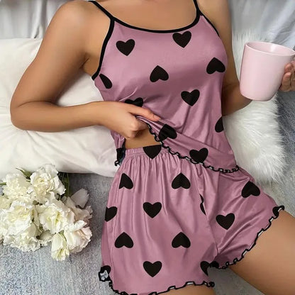 Heart Print Camisole Top and Shorts Sleepwear Co-Ord Set for Women