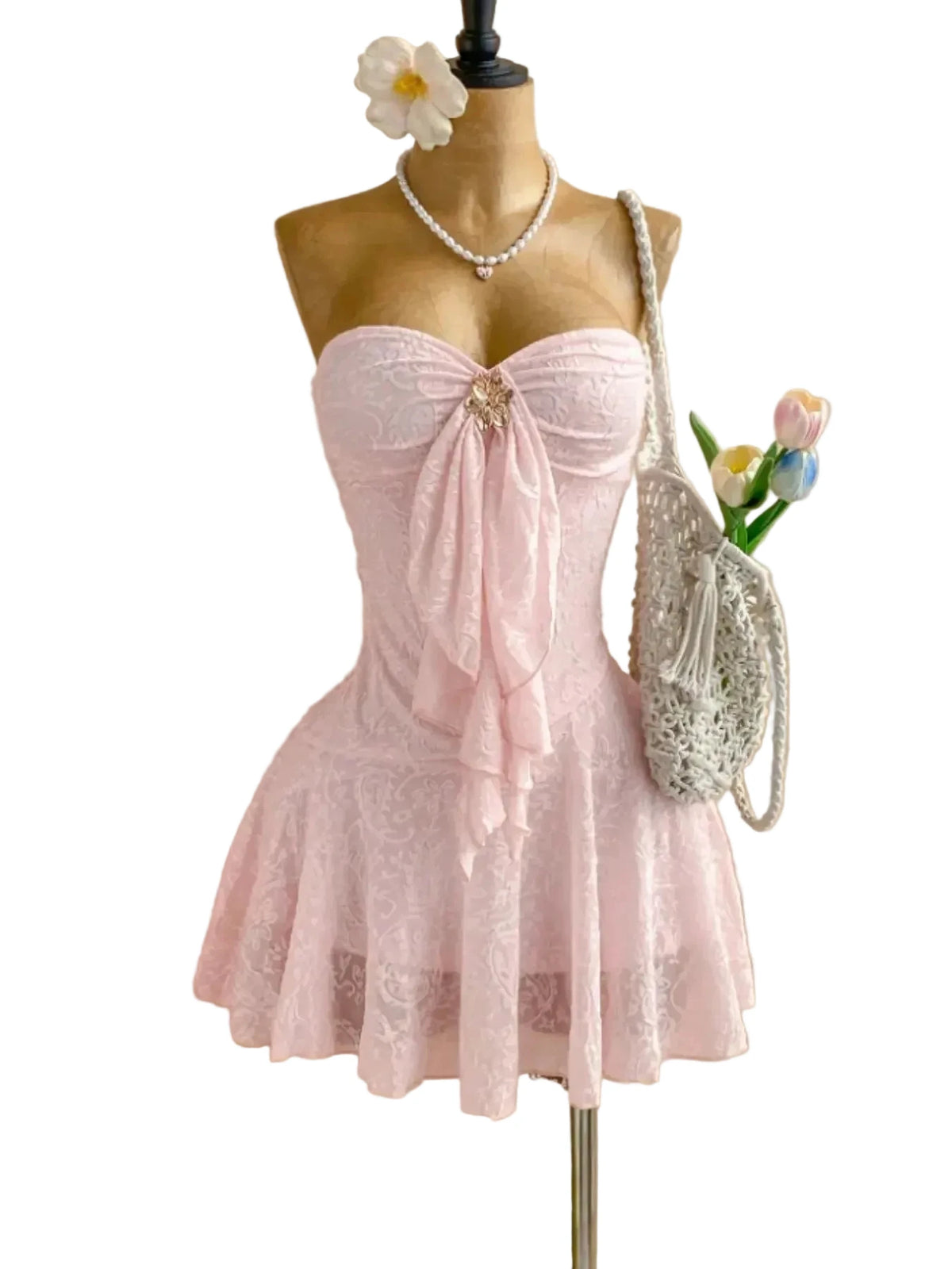 Pink Strapless Lace Mini Night Dress with Sweetheart Neckline, Front Ruffle and Floral Brooch Detail, Flared Skirt Silhouette