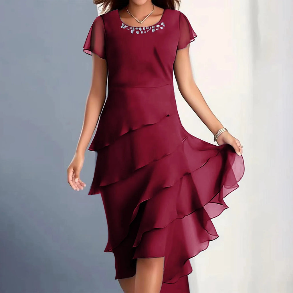 Layered Chiffon Midi Dress with Puff Sleeves and Cascading Ruffle Hem