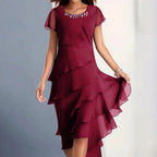 Layered Chiffon Midi Dress with Puff Sleeves and Cascading Ruffle Hem