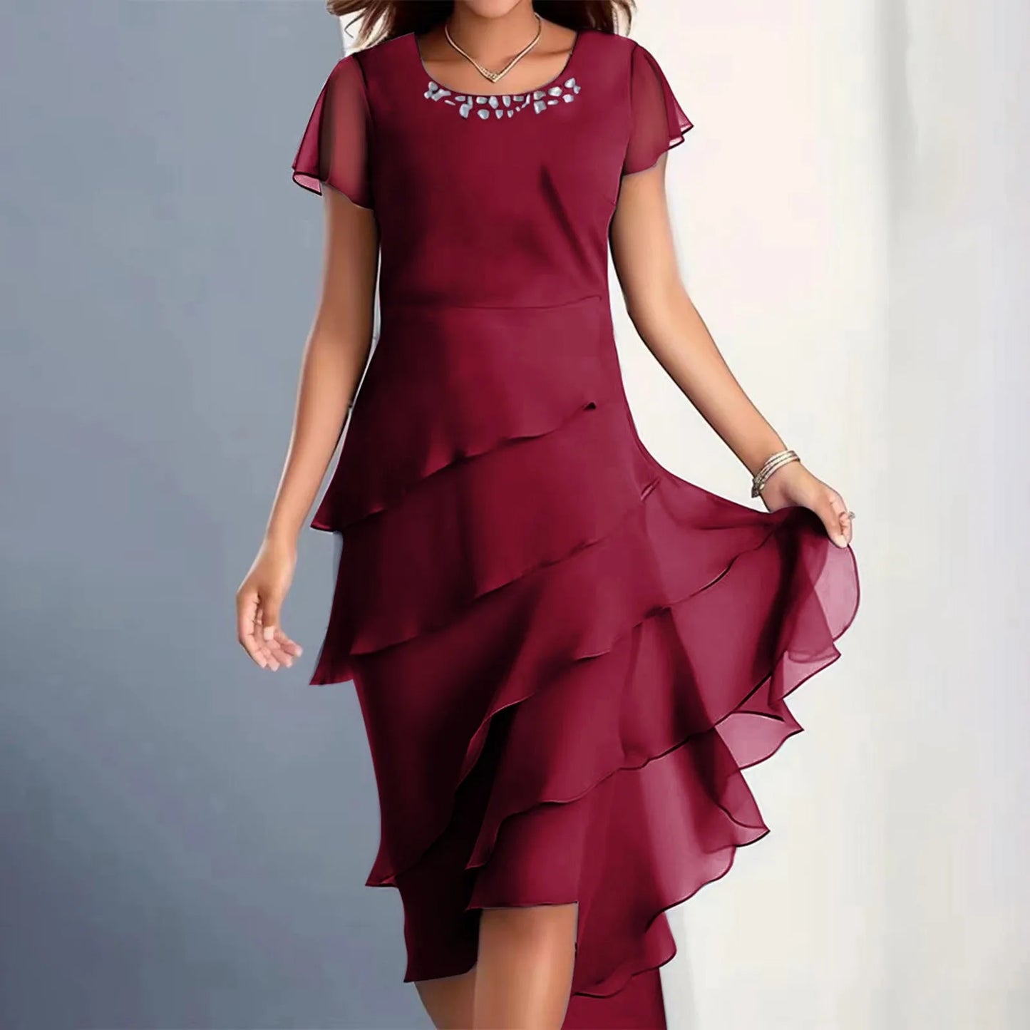 Layered Chiffon Midi Dress with Puff Sleeves and Cascading Ruffle Hem