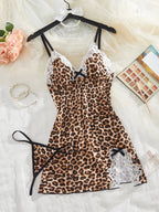 Fierce Leopard Print Camisole Chemise with White Lace Trim and Matching Panty