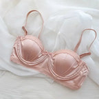 Pleated Satin Balconette Demi Bra and Coordinating Hipster Brief Set with Scalloped Trims