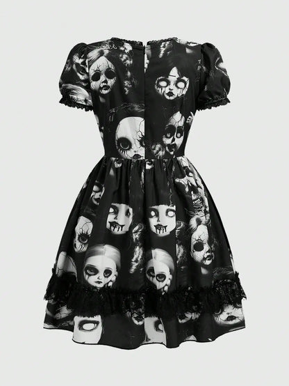 Dark Graphic Print Gothic Mini Dress with Alternative Streetwear Style