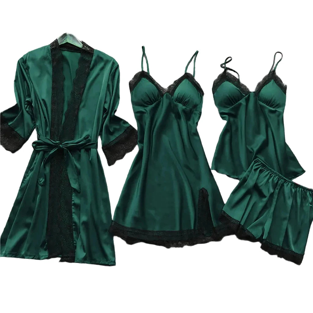Women's Satin-Look Lace Lingerie Nightgown Set with Matching Robe, Sleeveless Mini Dress and Decorative Garter-Style Detail