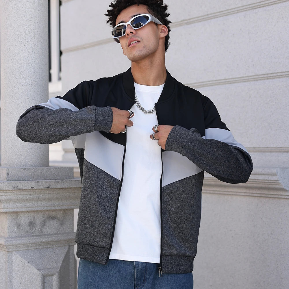 Men's Color Block Zip-Up Bomber Jacket with Modern Casual Streetwear Fit